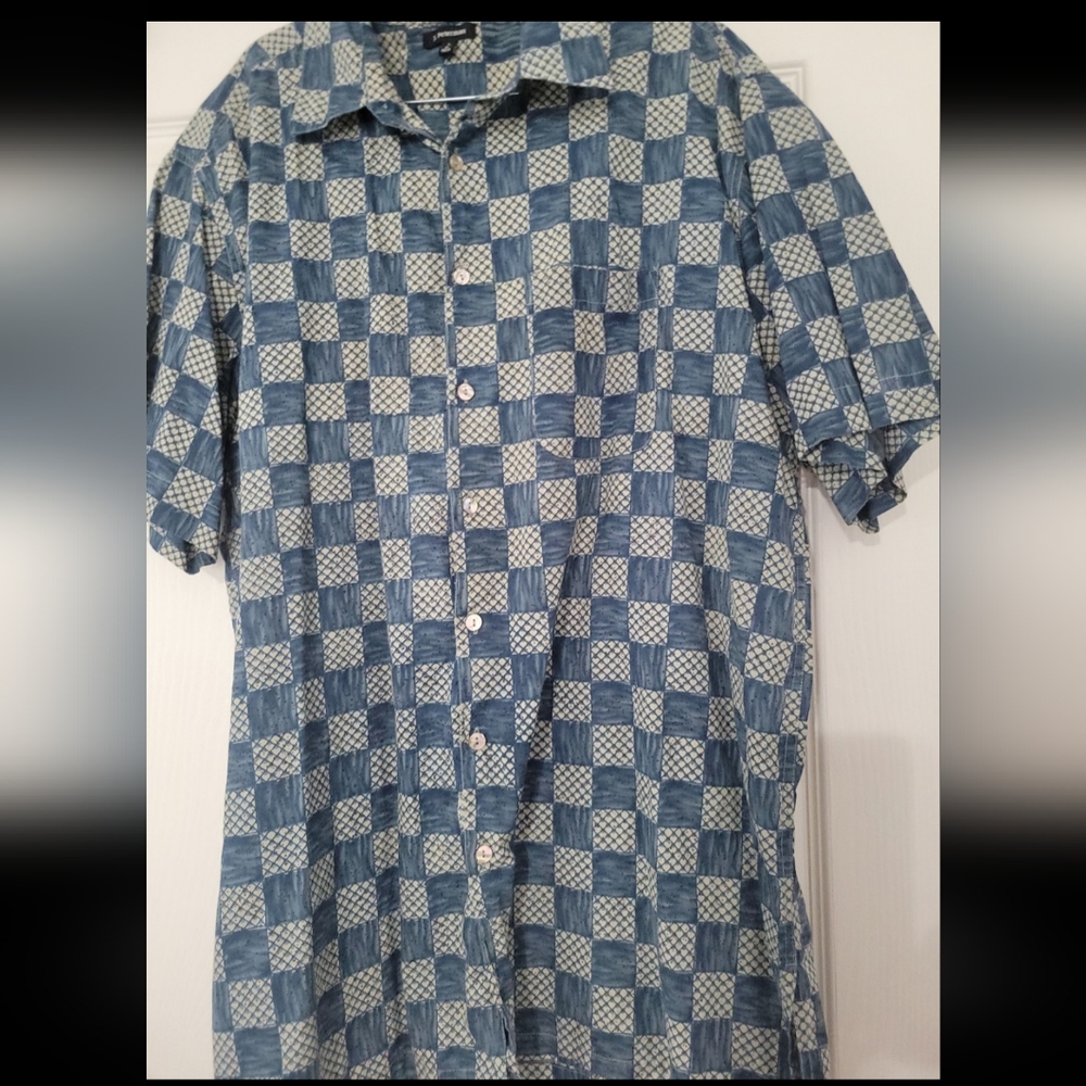 J. Peterman Navy and Cream Checkered Button Down Shirt